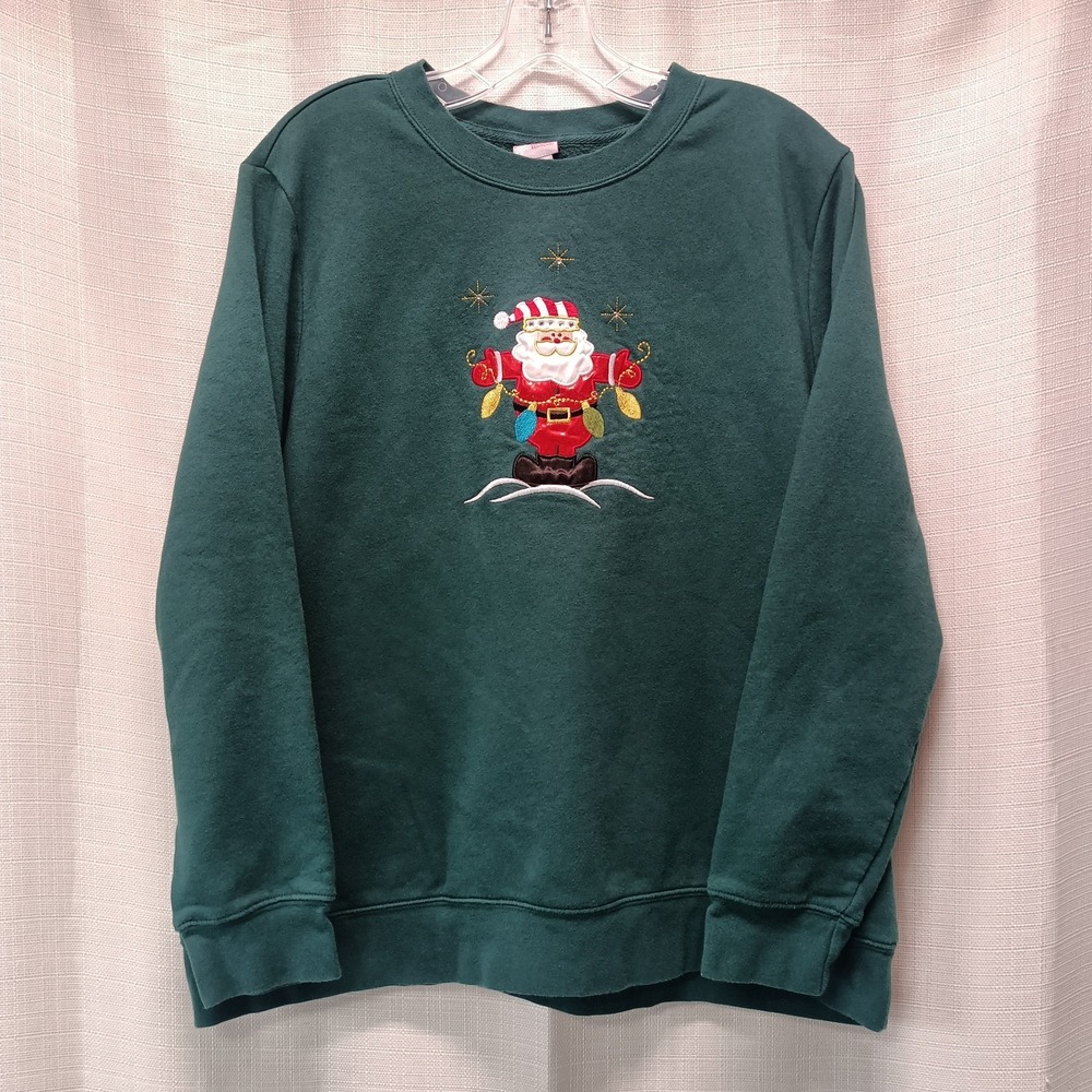 Holiday Editions‎ Green Santa Christmas Lights Snowflakes Womens XL Sweatshirt